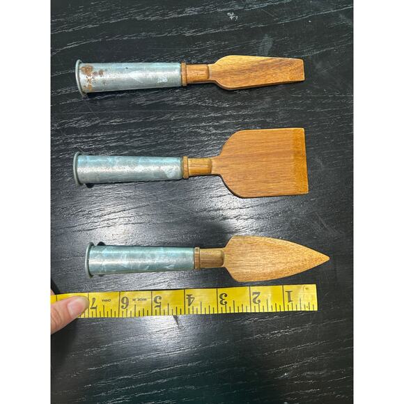 Retro Galvanized Metal Handle- wood Cheese set of 3 utensils- some rust- wear - Picture 3 of 4